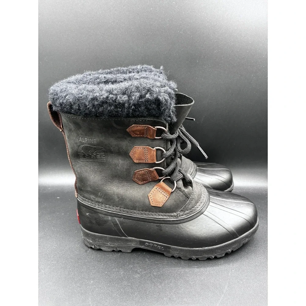 Sorel Alpine‎ Mens 8 Black Leather Waterproof Snow Winter Duck Boots Made Canada